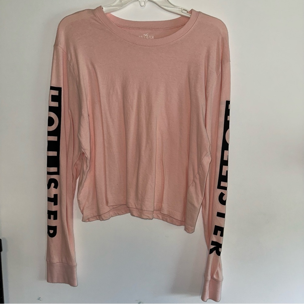 Hollister Pink Relaxed Shirt with Black Text Sleeves